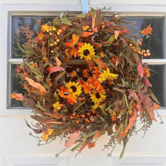 22" Autumn Front Door Wreath with Eucalyptus Leaf Daisies and Berry with Bag - Picture 4 of 6
